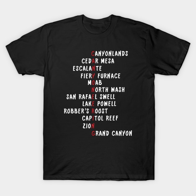 Utah Canyoneering Locations Acrostic (White) T-Shirt by Utah Canyoneers